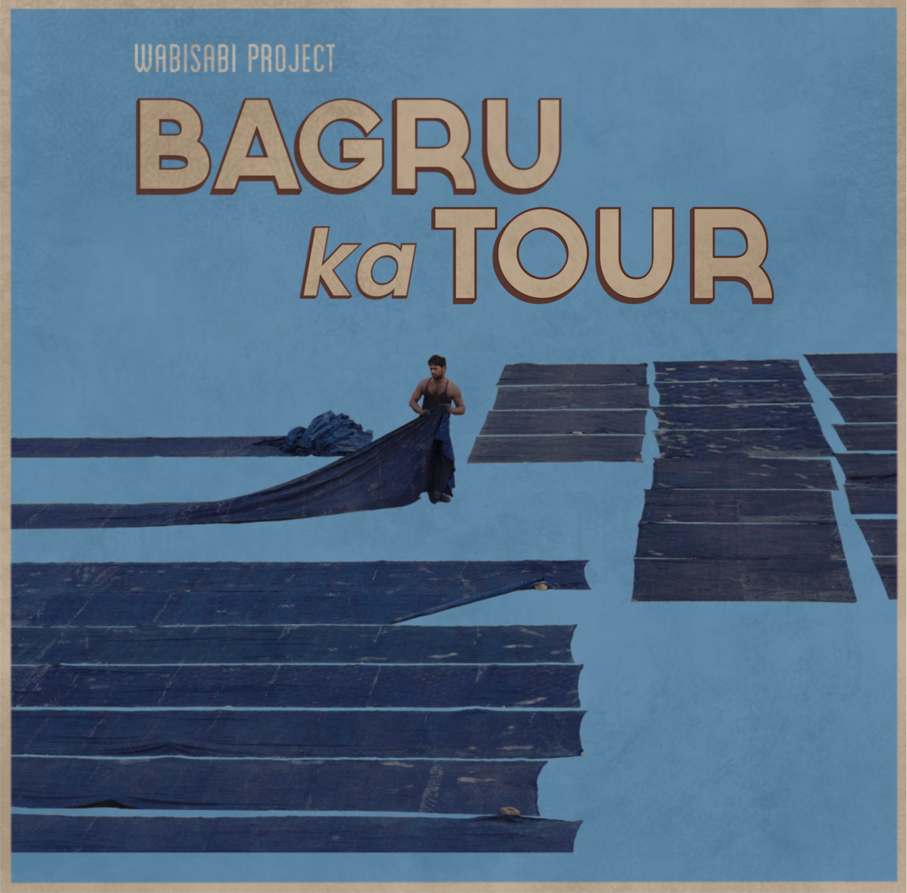 a placeholder poster for the Bagru ta Tour Excursion featuring a cow walking over indigo-dyed fabric laid out to dry